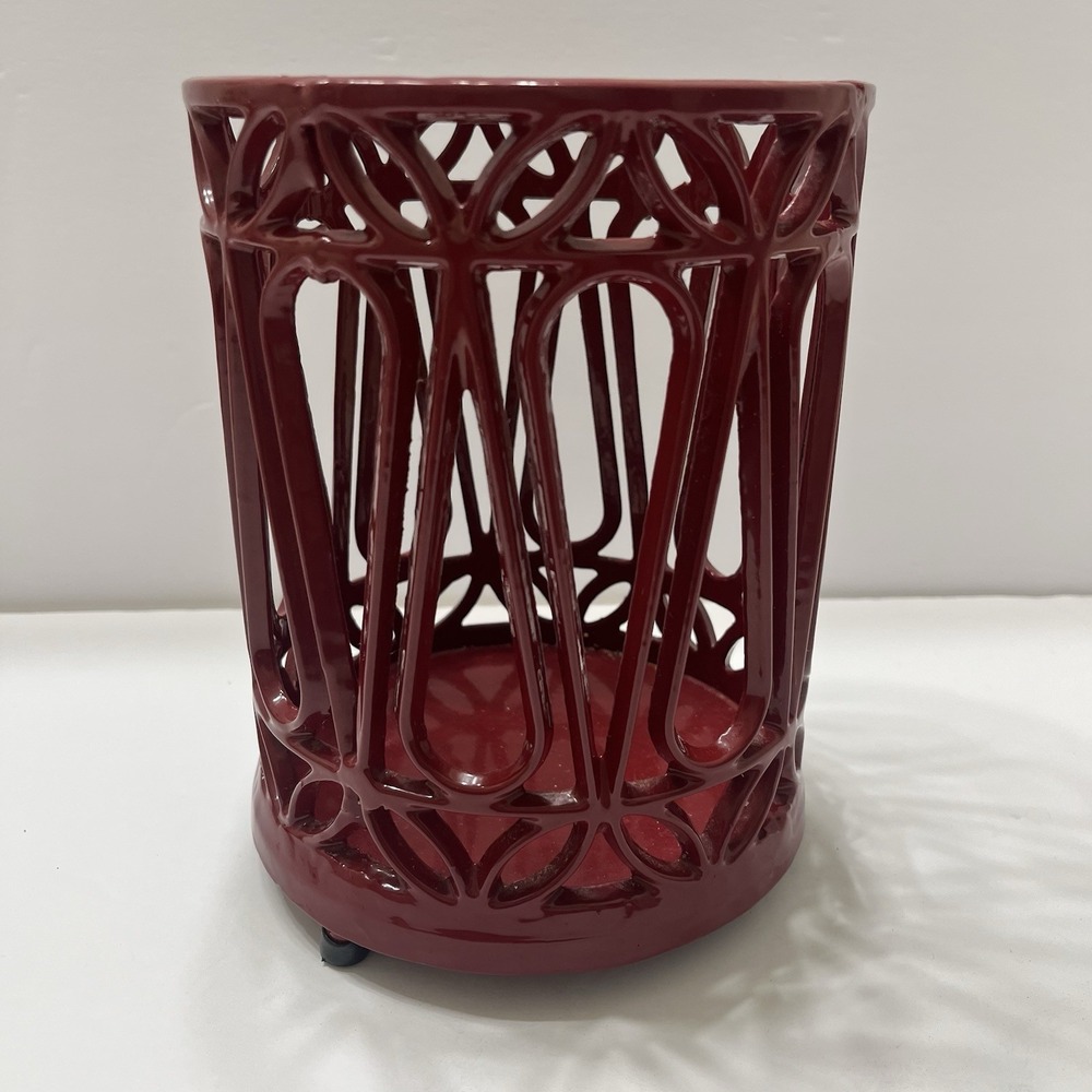 Red Enamel Cast Iron Kitchen Utensil Holder Scroll Work Footed Glossy 7.75x6"